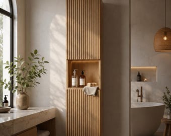 Wandhängender Badezimmerschrank aus Eiche, schwebender Holzschrank, Latten-Seitenschrank, moderner Spa-Badezimmer-Organizer