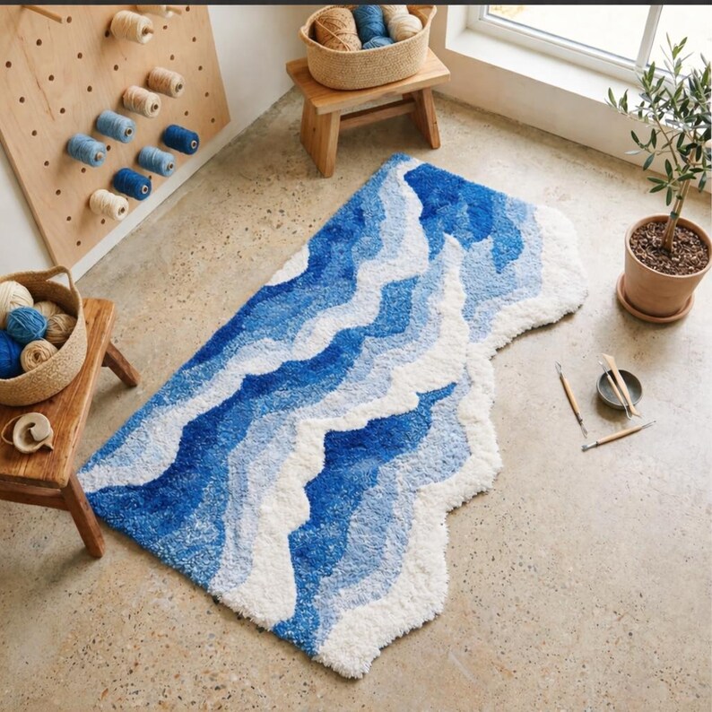 Abstract Blue and White Wave Rug, Modern Shaggy Area Rug, Coastal ...