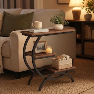 Peut inclure: Une table d'appoint en forme de C avec un cadre en métal noir et trois étagères en bois superposées. L'étagère supérieure porte une tasse blanche et un livre, celle du milieu un cadre photo et une bougie, et l'inférieure un panier tressé.