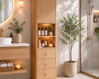 Tall Wooden Bathroom Storage Cabinet, Slim Linen Cupboard, Oak Look Organizer with Drawers, Minimalist Bathroom Shelf