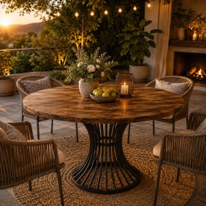 Peut inclure: Une table à manger ronde en bois avec un motif de grain brun foncé et une base piédestal en métal noir à lattes verticales. La table est entourée de quatre chaises tressées avec des coussins clairs et porte un centre de table floral et une lanterne.