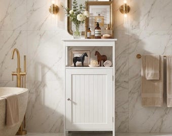 White Bathroom Storage Cabinet, Freestanding Wood Floor Cabinet, Small Bathroom Organizer with Door & Adjustable Shelf
