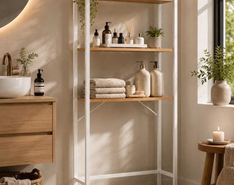 Over Toilet Storage Shelf, Bathroom Laundry Rack, White Metal & Wood Organizer, Space Saving Bathroom Shelving Unit