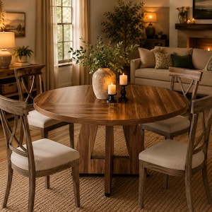 Puede incluir: Una mesa de comedor redonda de madera con un patrón de veta visible y una base central de pedestal, rodeada por cuatro sillas de madera con diseños de respaldo cruzado y asientos tapizados en color beige claro, con un jarrón y dos velas.