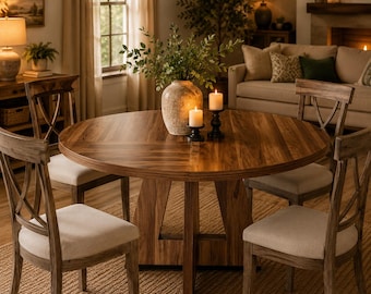 Round Extendable Dining Table, Modern Farmhouse Kitchen Table, Rustic Wood Pedestal Table for 4-6 People, Dining Room Furniture