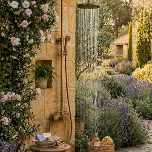 Vintage Brass Shower System with Handheld Shower, Wall Mounted Rain Shower Set, Outdoor Garden Shower, Rustic Bathroom Fixture