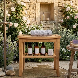 Bamboo Shower Bench Spa Stool, Wooden Bathroom Seat with Storage Shelf, Outdoor Shower Chair, Spa Organizer Bench