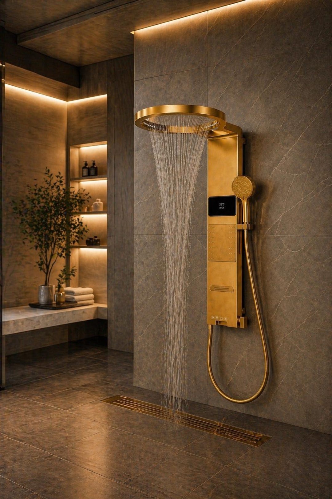 Luxury Tech Gold Shower , Column With Circular Rain Shower Head, Modern ...