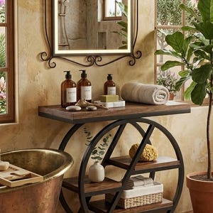 Peut inclure: Meuble de salle de bain avec un dessus en bois foncé et une structure en métal noir, avec un miroir éclairé. Le meuble a des étagères ouvertes avec des objets décoratifs, une serviette roulée et du savon. Une baignoire en cuivre et une plante en pot sont également visibles.