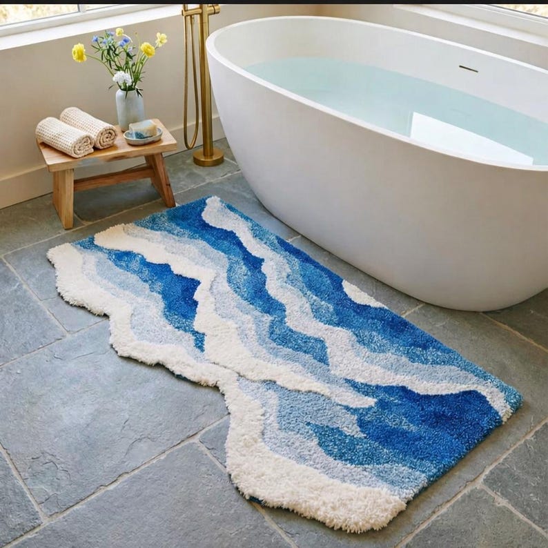 Abstract Blue and White Wave Rug, Modern Shaggy Area Rug, Coastal ...