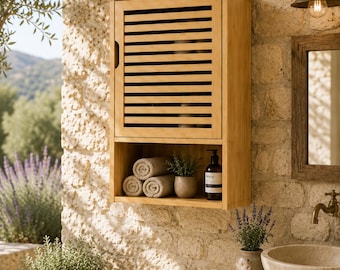 Bamboo Wall Bathroom Cabinet, Over Toilet Storage Shelf, Medicine Cabinet with Slatted Door, Natural Wood Bath Organizer