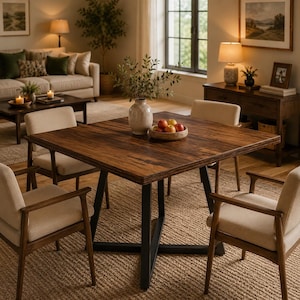 Peut inclure: Une table à manger carrée avec un plateau en bois brun foncé et une base en métal noir en forme de X. Quatre fauteuils avec des sièges et dossiers rembourrés beige clair et des cadres en bois foncé sont disposés autour de la table. Un vase en céramique avec de la verdure et un bol en bois rempli de pommes sont posés au centre.