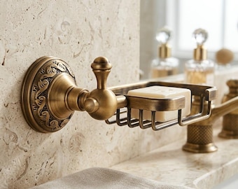 Jabonera de latón antiguo de lujo, soporte de jabón de baño vintage para montaje en pared, elegante accesorio de baño de latón