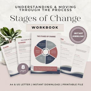 May include: A workbook titled "Stages of Change" with the text "Understanding & Moving Through the Process." The cover features a circular diagram with sections labeled. Several pages are visible, along with a "Instant Download" badge and a "8 pages" badge.