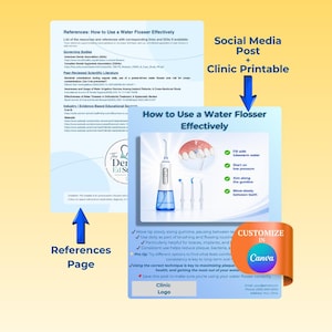 May include: A digital educational template for dental health featuring a water flosser, instructional text, and a references page. The graphic includes the title How to Use a Water Flosser Effectively, a diagram of gum cleaning, and a Canva customization badge.