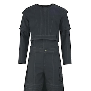 May include: A dark gray two-piece outfit with white stitching. The top has long sleeves and a cropped overlay. The pants have a cargo pocket and knee padding. The outfit is designed with a futuristic aesthetic.