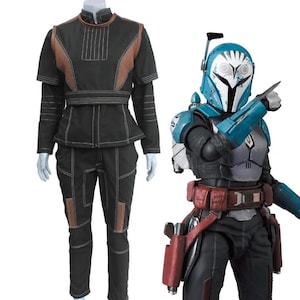 May include: Two costumes are displayed. One is a black and brown outfit with white stitching, consisting of a jacket and pants. The other is a blue and gray action figure with a helmet, armor, and a red belt with pouches. The figure is holding a weapon.