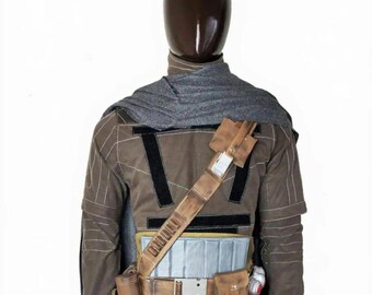 Star wars Inspire Brown Din djarin Mandalorian Custom Beskar Bounty hunter 6 piece Flight Suit with Holster belt & Wool Cape