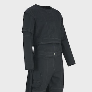 May include: A black two-piece outfit featuring a long-sleeved crop top and matching pants. The top has a crew neck and a layered design. The pants have cargo pockets and knee paneling. White stitching details the seams of the outfit.