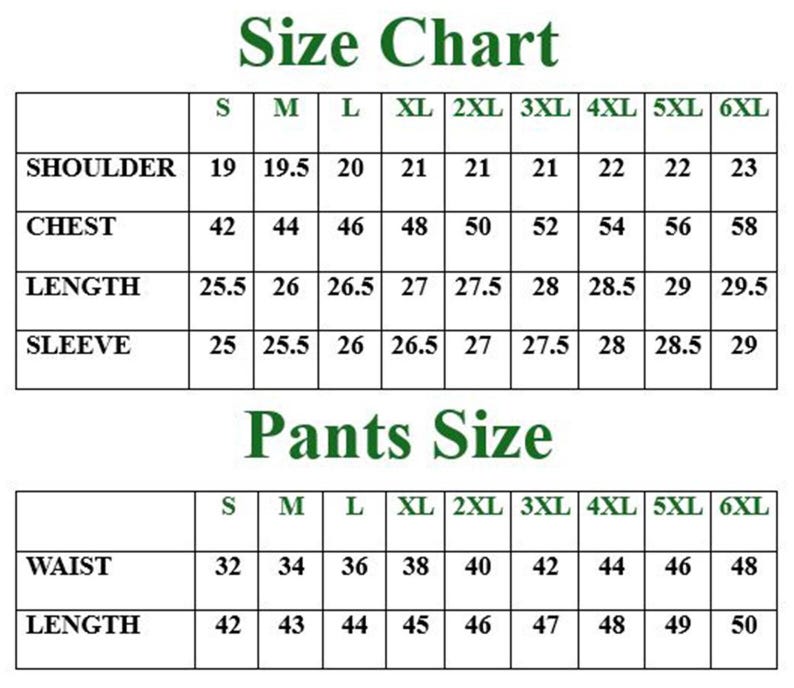 May include: A clothing size chart displaying measurements for shoulder, chest, length, and sleeve. It also includes pants sizes for waist and length, with sizes from S to 6XL. The text is in green font.
