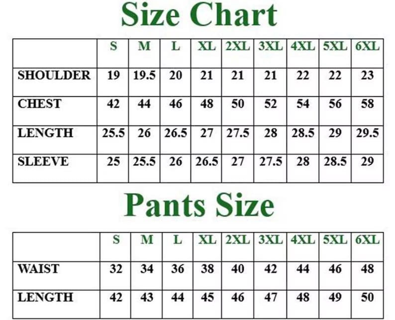 May include: A size chart for clothing, with measurements for shoulder, chest, length, and sleeve. The chart includes sizes S through 6XL. A second chart details pants sizes, including waist and length, also ranging from S to 6XL.