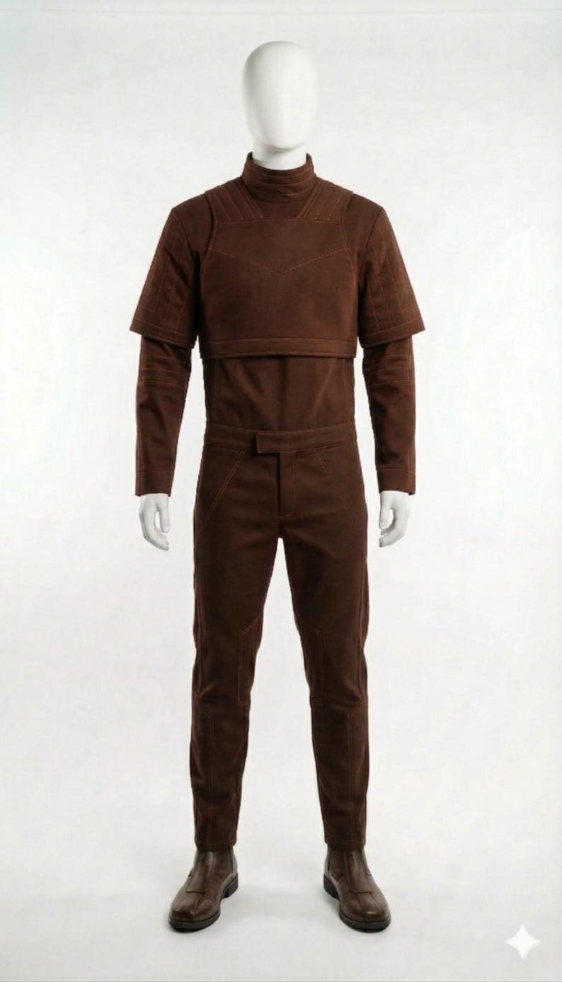 May include: A brown jumpsuit with a high collar and short sleeves, displayed on a mannequin. The outfit includes matching pants and boots. The overall style suggests a futuristic or space-age theme.