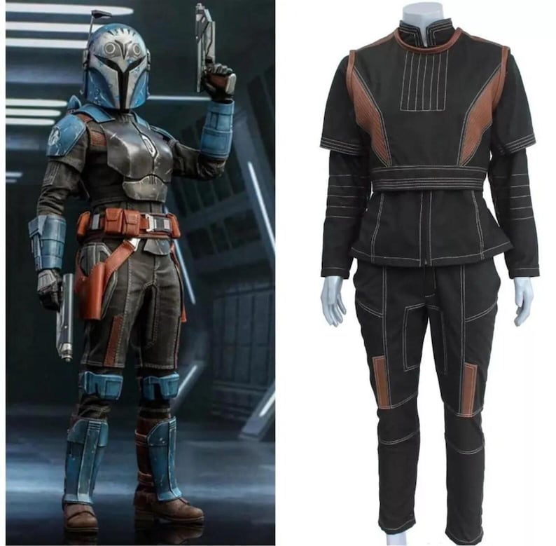 May include: A detailed action figure and a costume. The action figure is a warrior in a blue and gray helmet and armor, holding a blaster. The costume is black with brown accents and white stitching, including a jacket and pants.