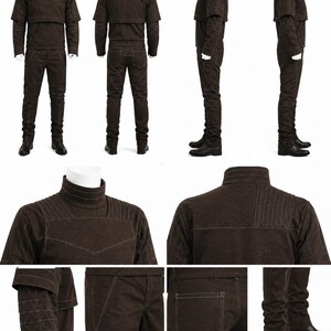 May include: A brown two-piece outfit with a high collar and a jacket-like top. The outfit includes matching pants and boots. The jacket has a unique design with a panel across the chest and sleeves with geometric stitching. The outfit is displayed on a mannequin.