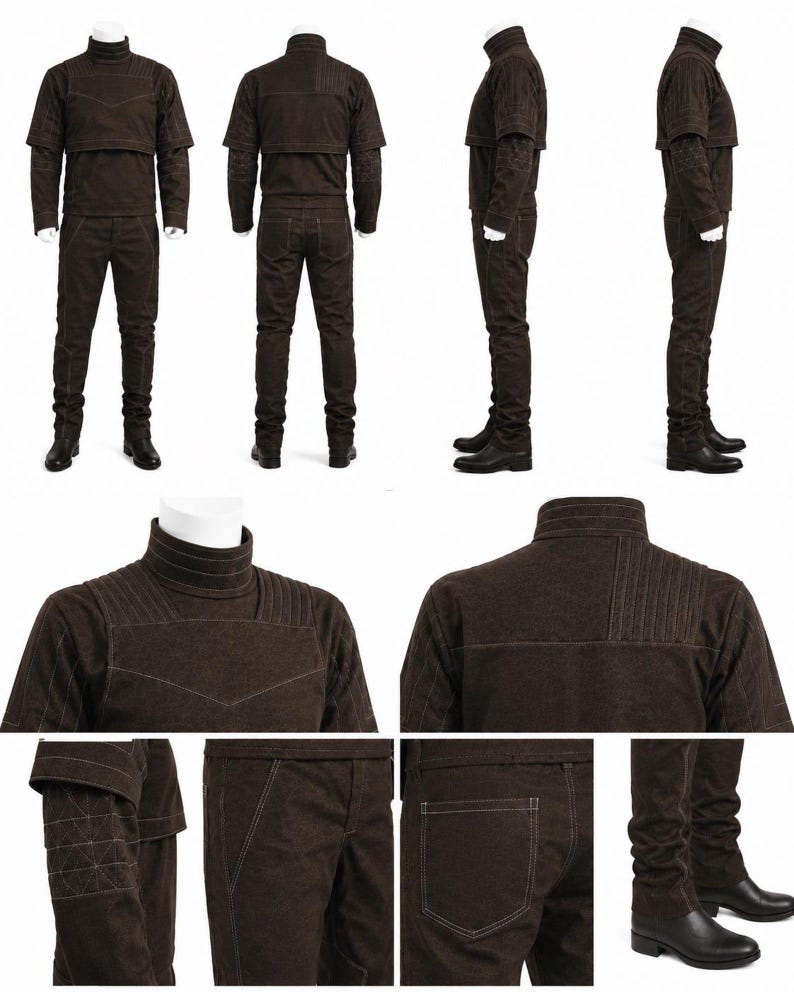 May include: A brown two-piece outfit with a high collar and a jacket-like top. The outfit includes matching pants and boots. The jacket has a unique design with a panel across the chest and sleeves with geometric stitching. The outfit is displayed on a mannequin.