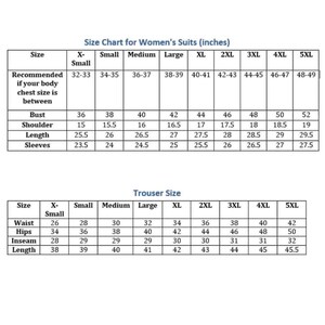 May include: A size chart for women's suits, displaying measurements in inches. The chart includes bust, shoulder, length, and sleeve measurements, as well as trouser sizes for waist, hips, inseam, and length. Sizes range from X-Small to 5XL.