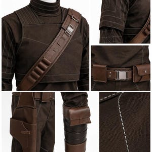 May include: A brown costume with white stitching details. The outfit includes a high-collared top, pants, and a utility belt with pouches. A brown leather shoulder strap with silver buckles and cartridge holders completes the ensemble.