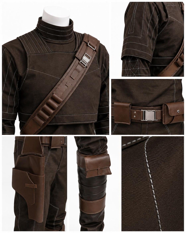 May include: A brown costume with white stitching details. The outfit includes a high-collared top, pants, and a utility belt with pouches. A brown leather shoulder strap with silver buckles and cartridge holders completes the ensemble.