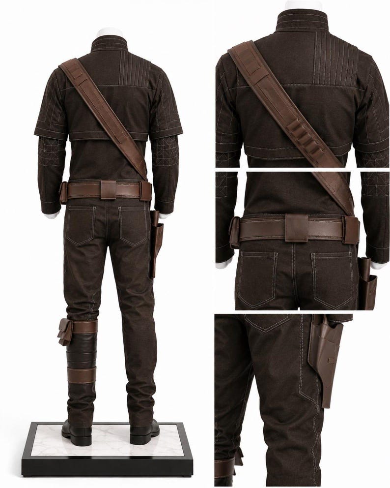 May include: A brown costume with a jacket, pants, and accessories. The jacket has a high collar and shoulder strap. The pants have pockets and a belt. The costume includes a holster and leg wraps. The outfit is displayed on a mannequin.