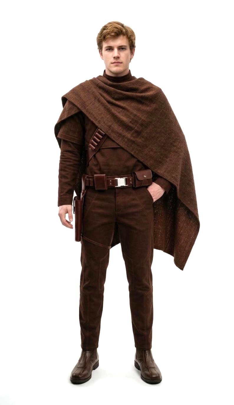 May include: A brown costume featuring a long-sleeved shirt, pants, and a cape. The outfit includes a belt with a silver buckle, a holster, and brown boots. The costume is designed with a textured fabric and a high collar.