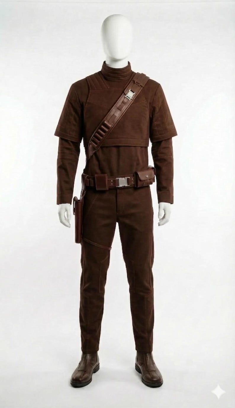 May include: A brown costume displayed on a mannequin. The outfit includes a high-collared top, pants, a belt with pouches, a shoulder strap, and a holster. The boots are brown. The costume is made of a suede-like material.