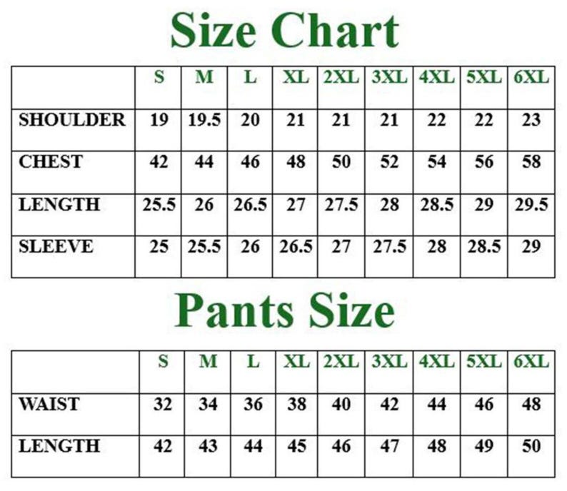 May include: A size chart for suits and pants, with measurements in inches. The chart includes sizes S through 6XL, detailing shoulder, chest, length, sleeve, waist, and length measurements. The text is in green and the chart is white.
