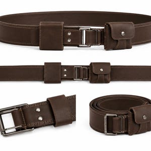 May include: Brown leather belt with two attached pouches and a silver-tone buckle. The belt has a rectangular buckle and two small pouches with snap closures. The belt is approximately 1.5 inches wide.