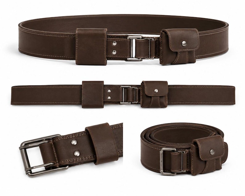May include: Brown leather belt with two attached pouches and a silver-tone buckle. The belt has a rectangular buckle and two small pouches with snap closures. The belt is approximately 1.5 inches wide.