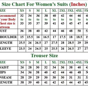 May include: A size chart for suits in inches, featuring two tables. The top table lists bust, shoulder, length, and sleeve measurements for sizes XS through 5XL. The bottom table provides waist, hips, inseam, and length measurements for trousers.