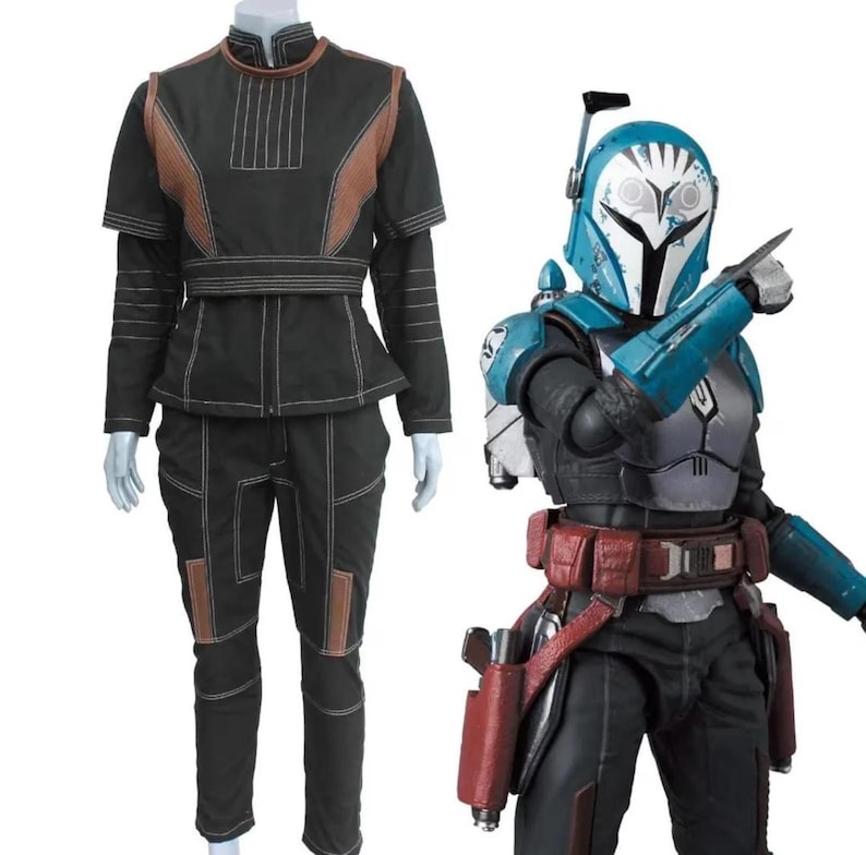 May include: Two costumes are displayed. One is a black and brown outfit with white stitching, consisting of a jacket and pants. The other is a blue and gray action figure with a helmet, armor, and a red belt with pouches. The figure is holding a weapon.