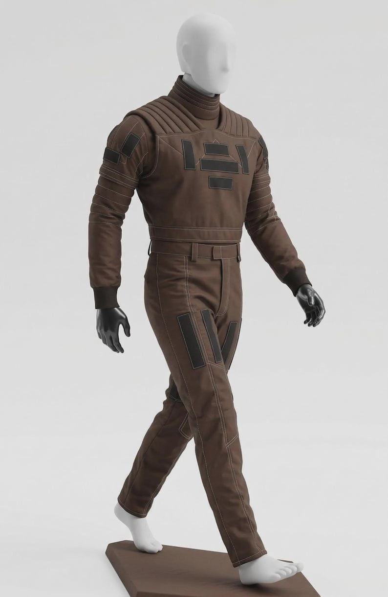 May include: Brown jumpsuit with black accents, featuring a high collar and quilted shoulder design. The outfit includes matching pants and long sleeves, with black gloves. The mannequin is walking on a brown platform.