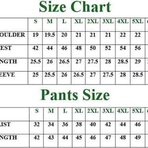 May include: A size chart for clothing, with measurements for shoulder, chest, length, and sleeve. The chart includes sizes S through 6XL. A second chart details pants sizes, including waist and length, also ranging from S to 6XL.