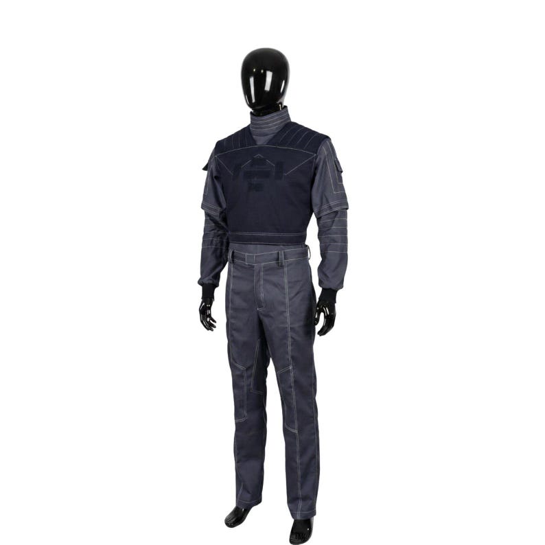 May include: A dark blue costume displayed on a mannequin. The outfit includes a high-collared top with a dark vest, long sleeves, and matching pants. White stitching accents the seams. Black gloves and shoes complete the ensemble.