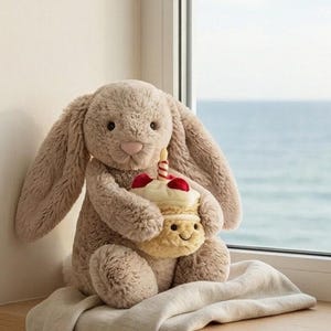 May include: A plush, taupe-colored bunny rabbit holding a cupcake with red cherries and a lit candle. The bunny has long, floppy ears and a pink nose. The cupcake has a smiling face. The plush toy is sitting on a light-colored blanket near a window.