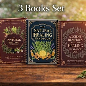 Peut inclure: Ensemble de trois livres intitulés "The Natural Healing Handbook" et "Ancient Remedies". Les livres sont reliés en spirale avec des couvertures décoratives présentant des illustrations botaniques. Le texte "3 Books Set" est en haut.
