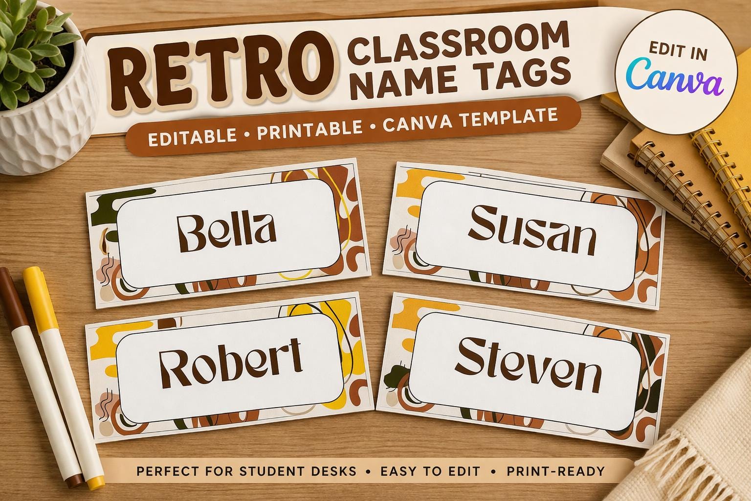 Printable Class Name Retro Classroom Name Tags | Editable Desk Plates, Printable Labels ...