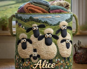Custom Name Happy Sheep Quilted Laundry Basket, Cute Animal Quilt Hamper, Patchwork Farmhouse Storage Bin, Whimsical Nursery Organizer