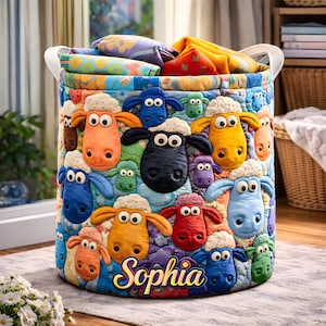 May include: A round, colorful laundry hamper featuring a patchwork design of cartoon sheep in various colors. The hamper has white handles and is filled with folded towels. The name "Sophia" is displayed on the front.