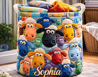 Custom Name Colorful Sheep Quilted Laundry Basket, Cute Animal Quilt Hamper, Patchwork Farmhouse Storage Bin, Whimsical Nursery Organizer