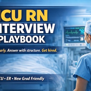 May include: A medical professional in scrubs and a surgical cap, viewed from behind, in a hospital environment. The image features the text "ICU RN INTERVIEW PLAYBOOK" in bold lettering. The text "Think clearly. Answer with structure. Get hired." is also visible.